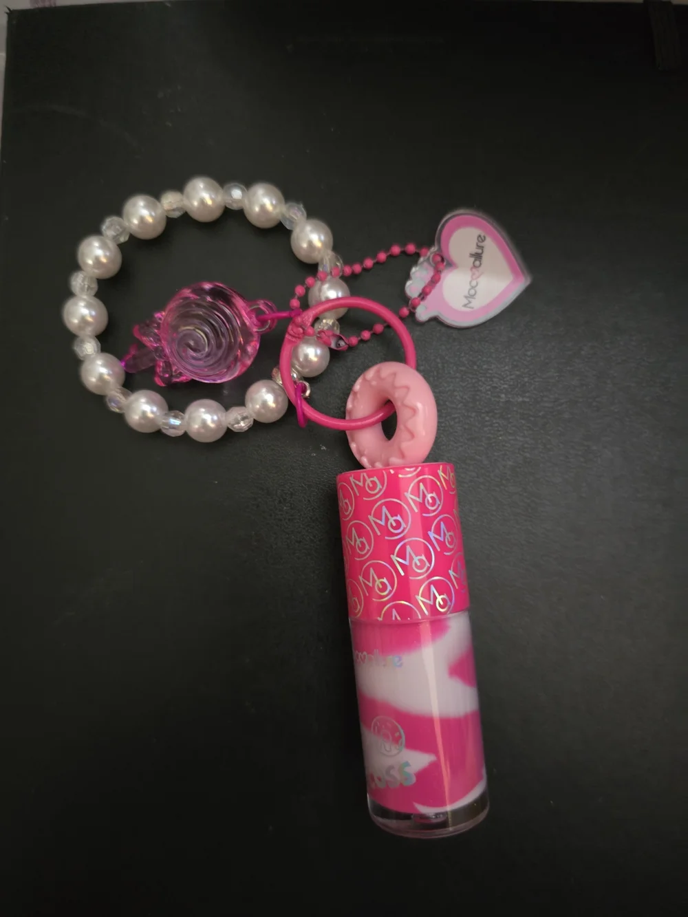 Moc Allure Pink Swirl Lip Gloss Keychain with Pearl Bracelet Charm